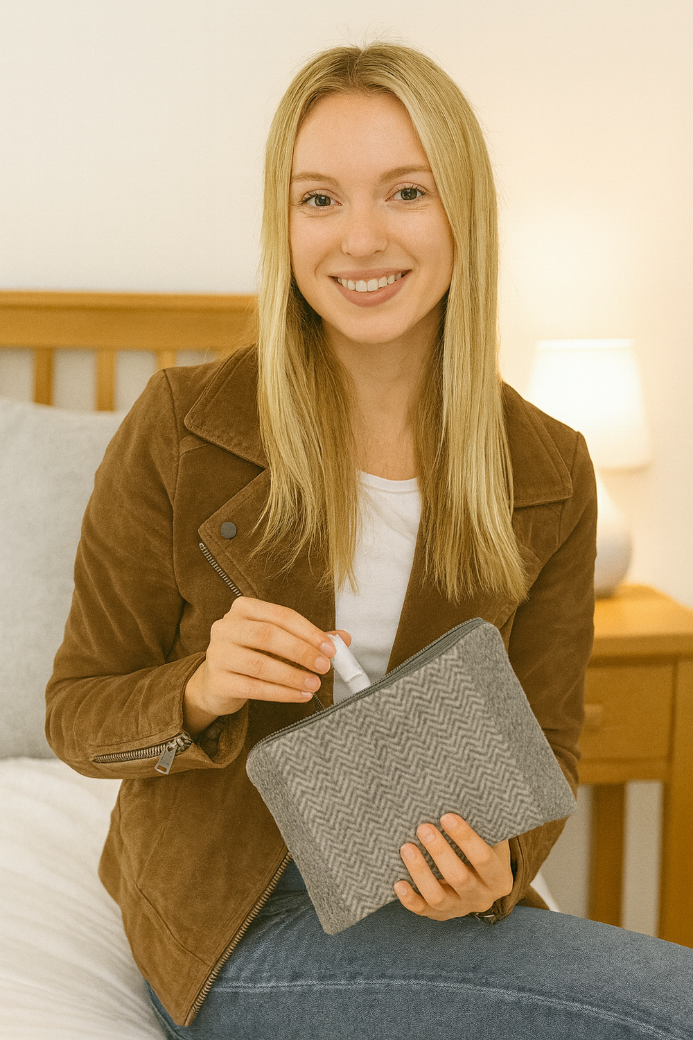 porta trucco di cashmere grigio con chevron