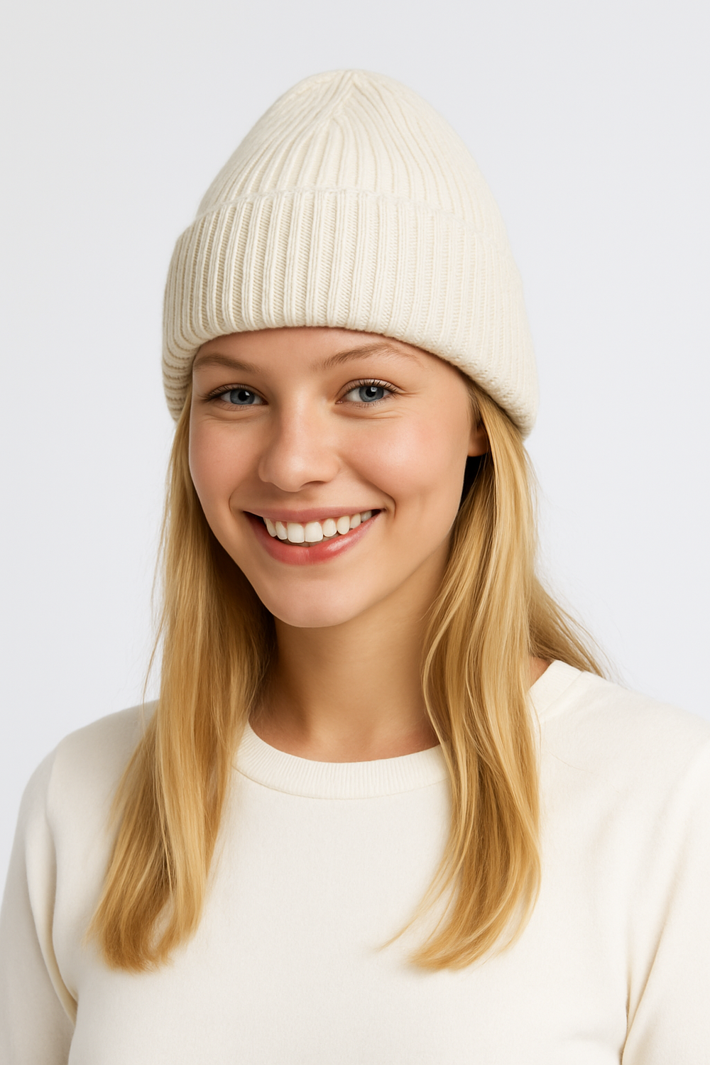 Cuffia di lana di cashmere bianco naturale