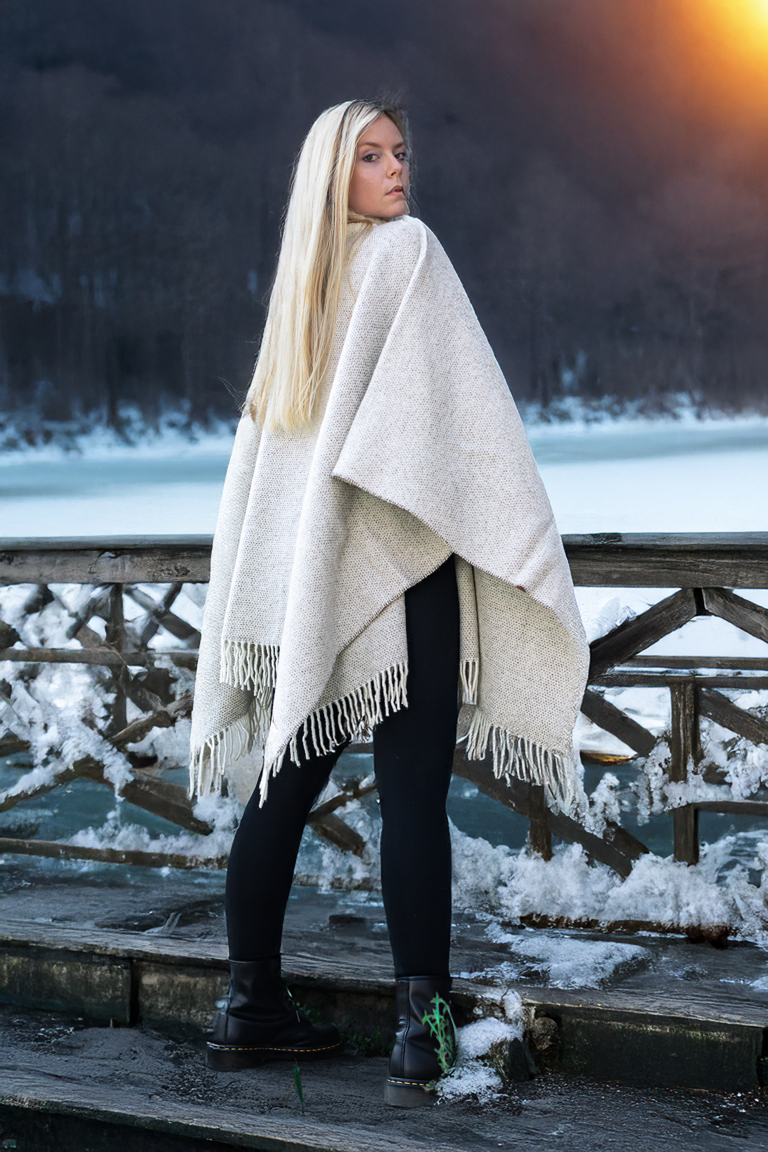 Poncho EVADINA Cashmere e Lana Beige / 160x140 - Mantella - Grigio chiaro - CO.BI donna color crema frangiato poncho