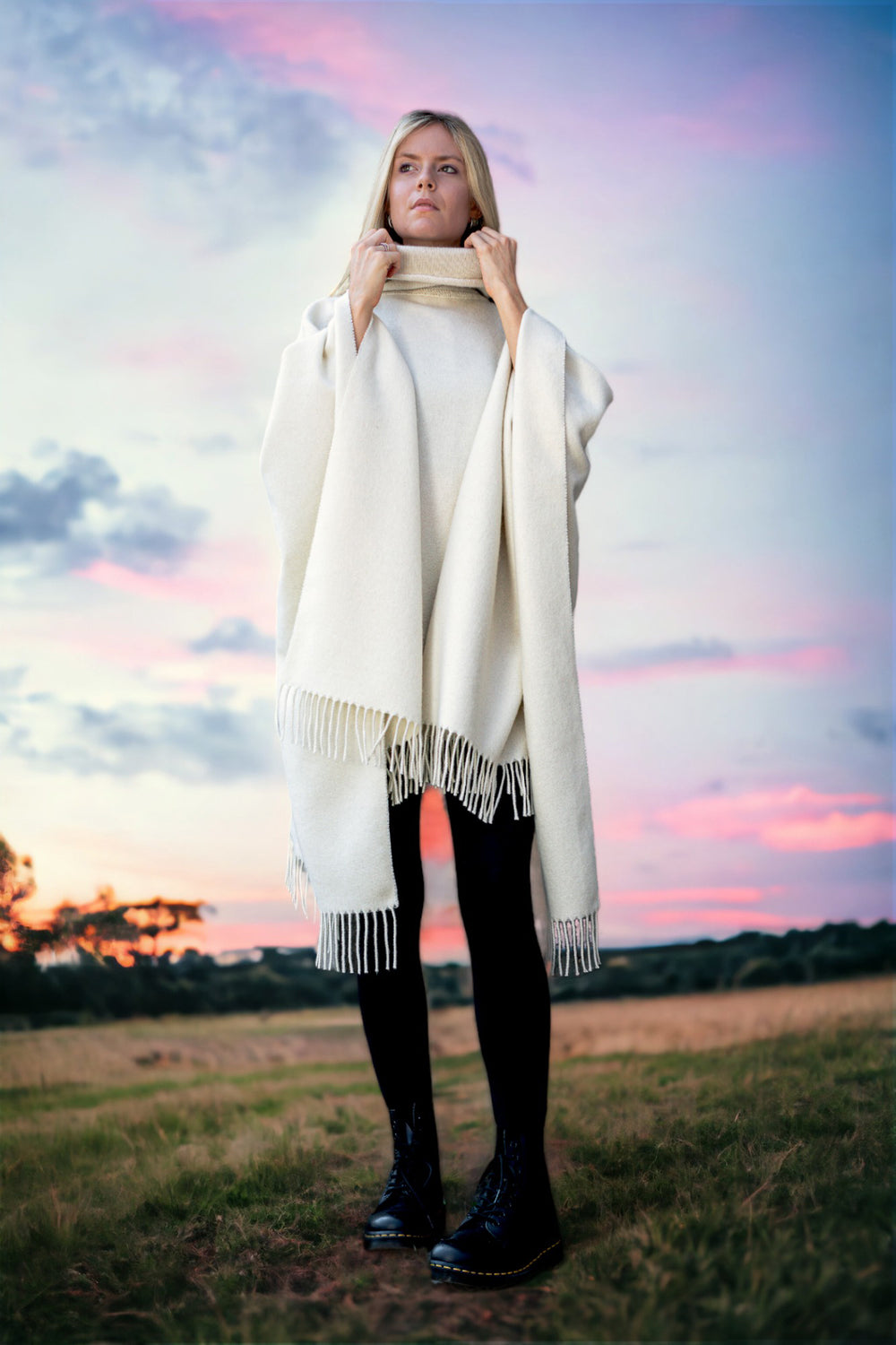 Poncho ELLIE Puro Cashmere Bianco naturale / 135x180 - Mantella - Grigio chiaro - CO.BI donna color crema poncho nero