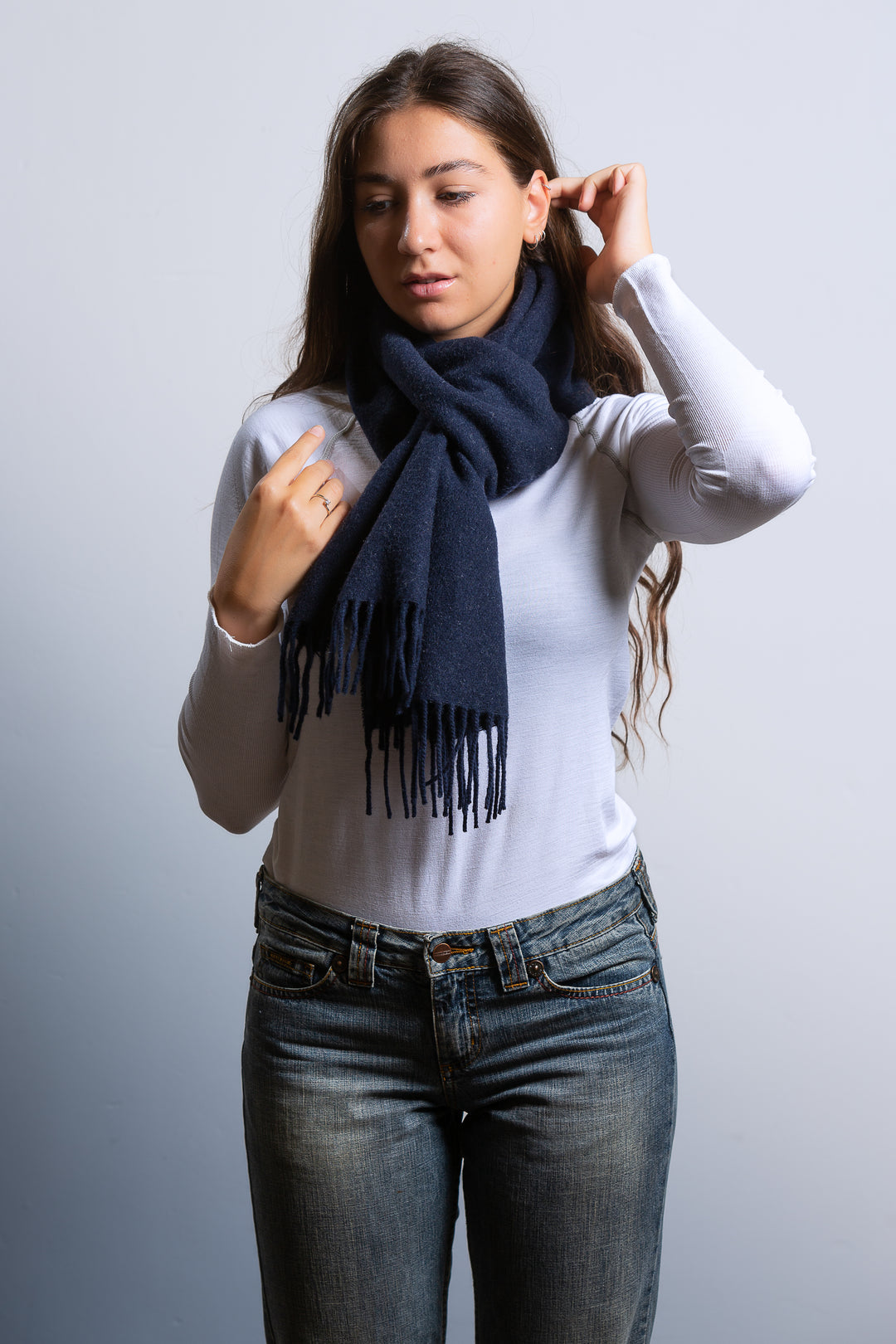 Sciarpa EOLO Cashmere e Lana 35x180 / Blu navy - Azzurro - CO.BI giovane donna scuro blu frangiato 59 € CoBi