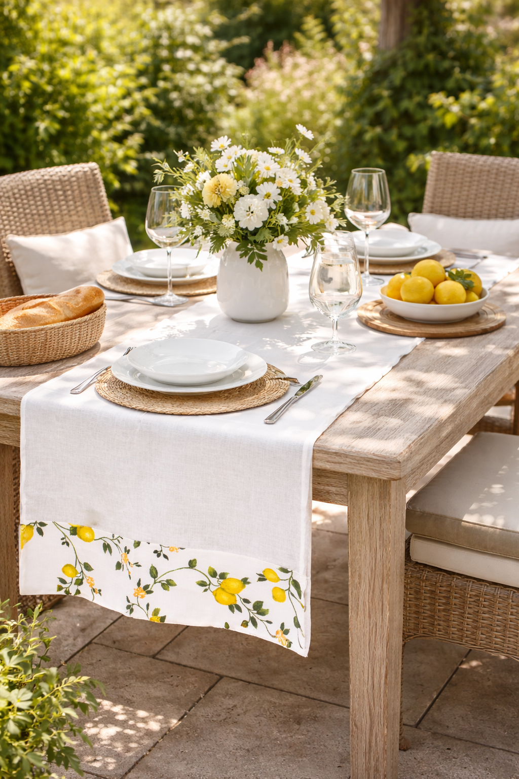 Runner da tavolo bianco con balza con limoni