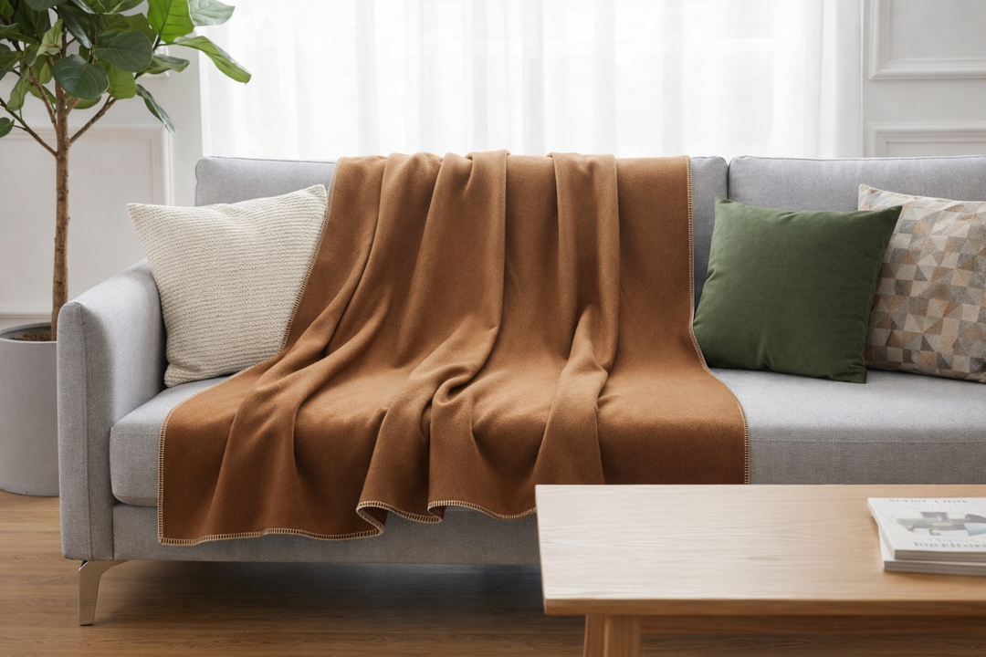 Lightweight Pure Wool Throw with a Cross Stitch Border - Made in Italy