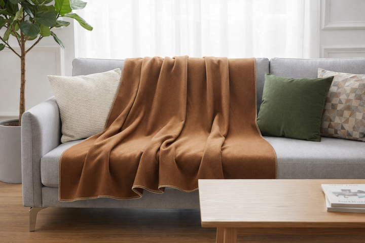 Lightweight Pure Wool Throw with a Cross Stitch Border - Made in Italy