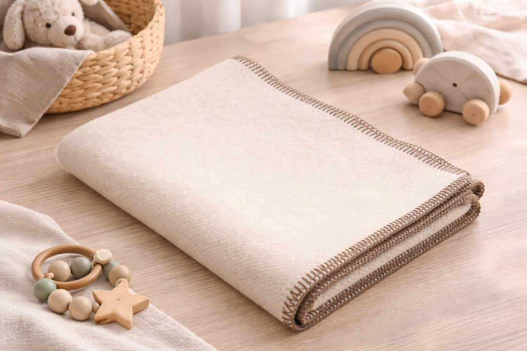 Coperta leggera di lana beige con bordo marrone per culla