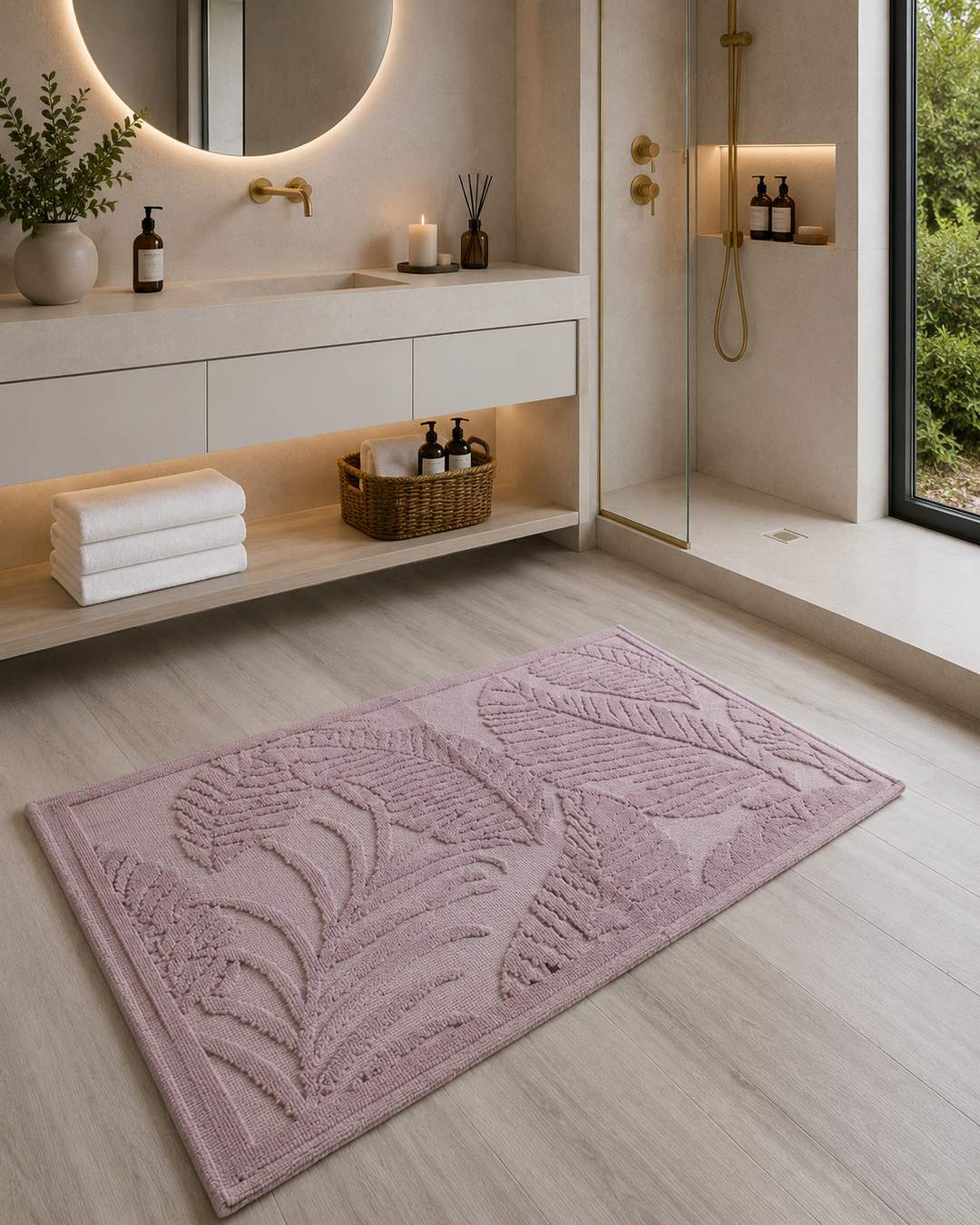 Tappeto da bagno con palme rosa