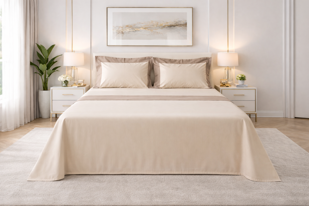 Lenzuola di raso beige e marrone