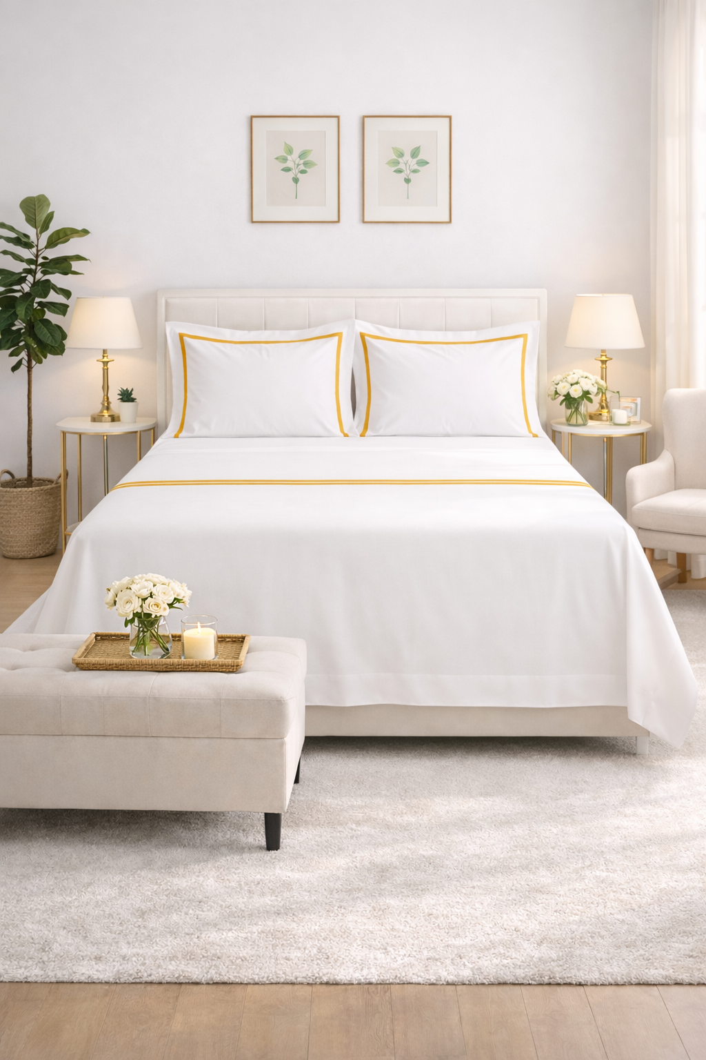 Lenzuola matrimoniali bianche con fascia color oro su federe e lenzuolo