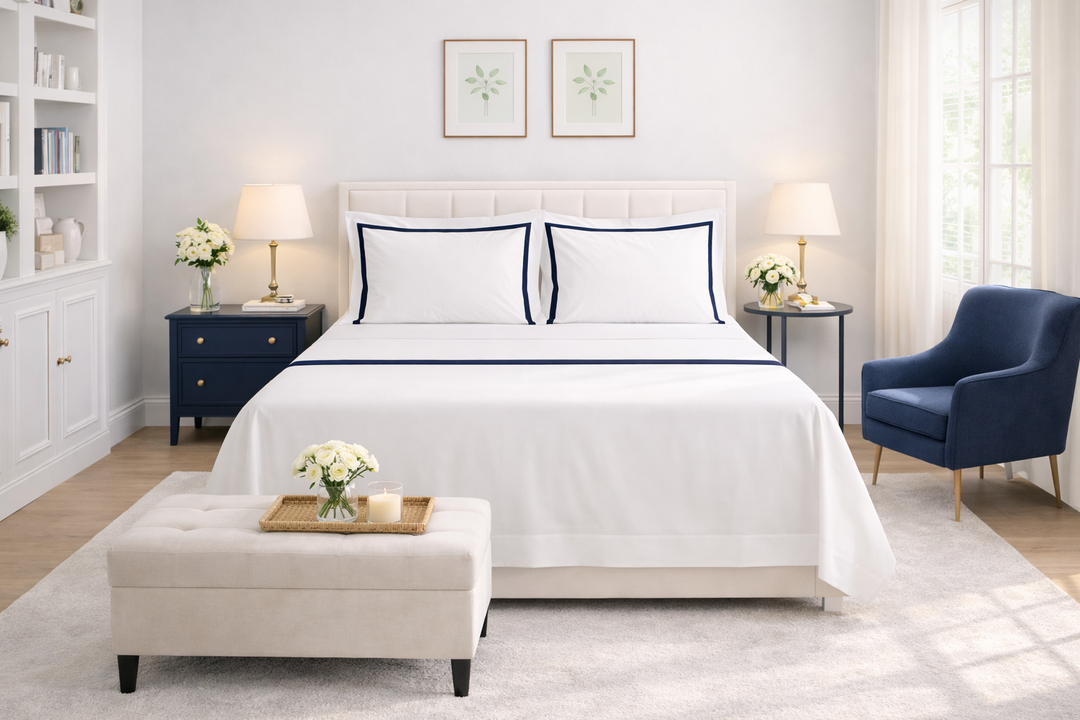 Parure lenzuola matrimoniali bianche con fascia blu