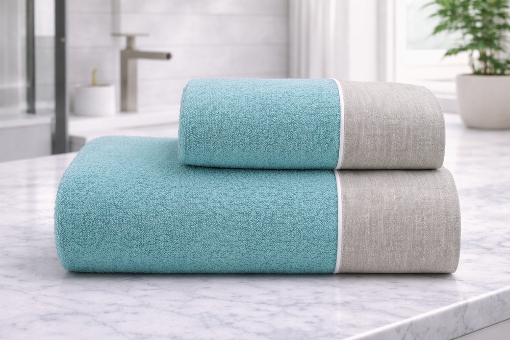 Asciugamani bagno di spugna color turchese con balza di lino