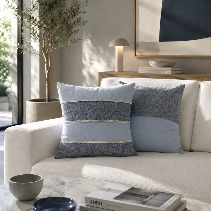 Cuscini d'arredo di cashmere e lana colore azzurro e grigio