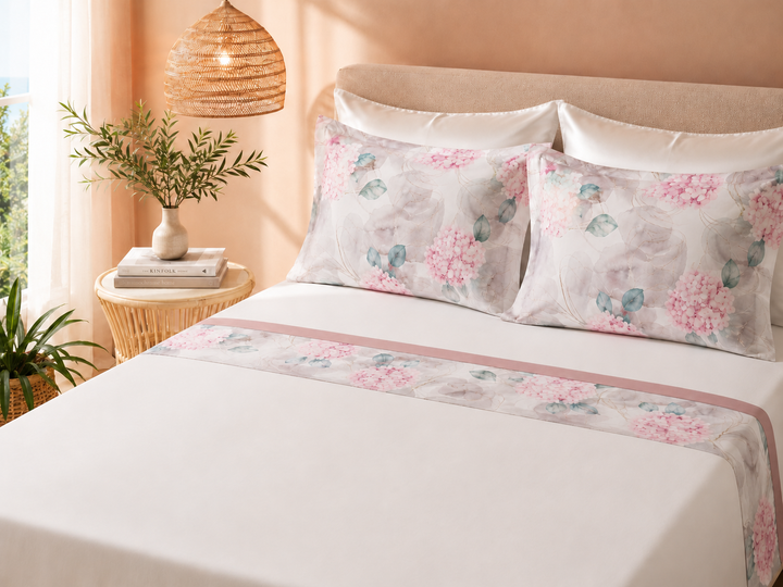 Luxury Queen Satin Cotton Sheet Set with Floral Border ORCHIDEA