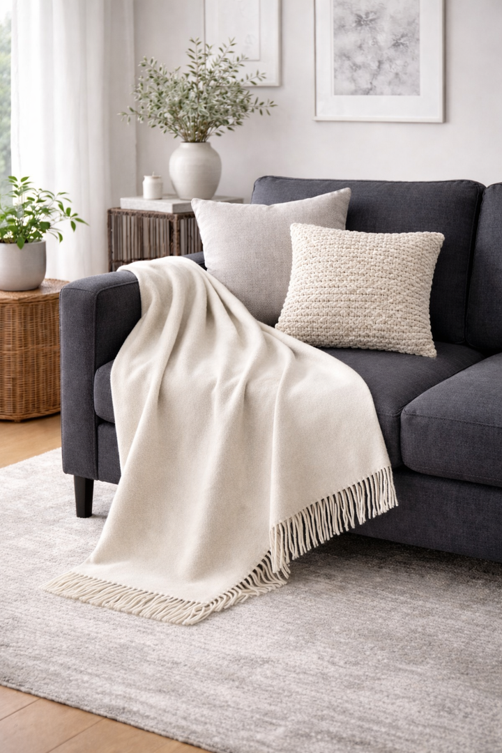 Plaid di pura lana color greggio