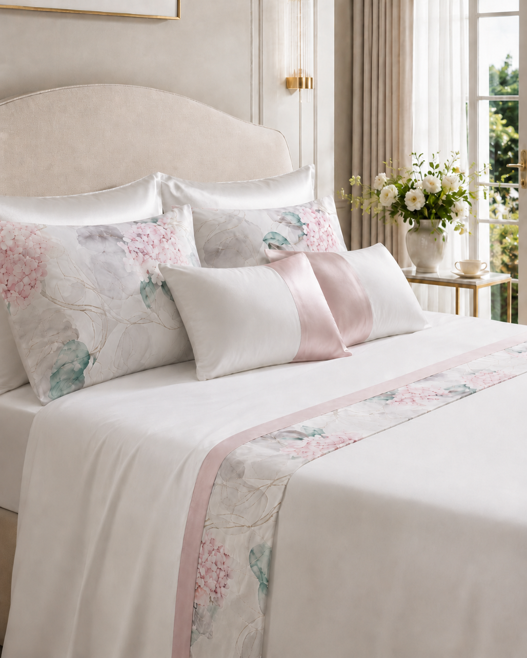 Luxury Queen Satin Cotton Sheet Set with Floral Border ORCHIDEA
