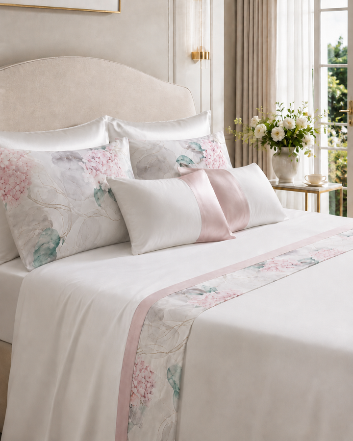 Luxury Queen Satin Cotton Sheet Set with Floral Border ORCHIDEA