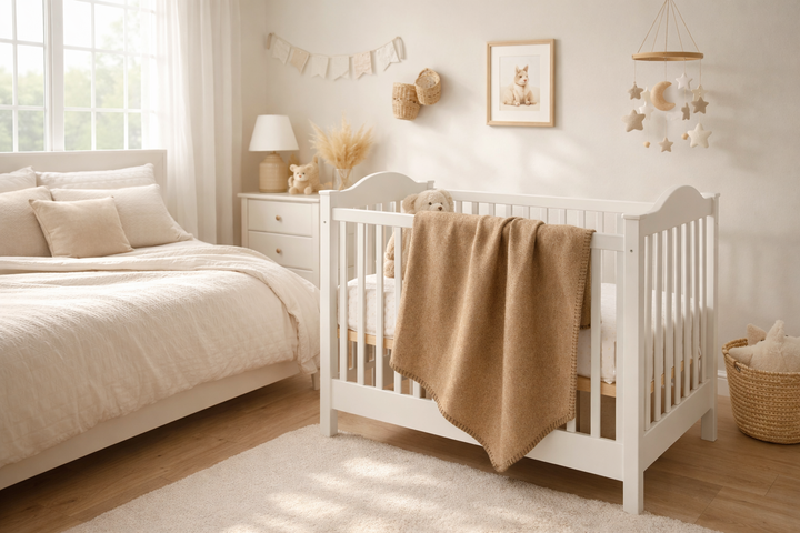 Coperta per lettino color beige scuro rifinita a punto cavallo, leggera