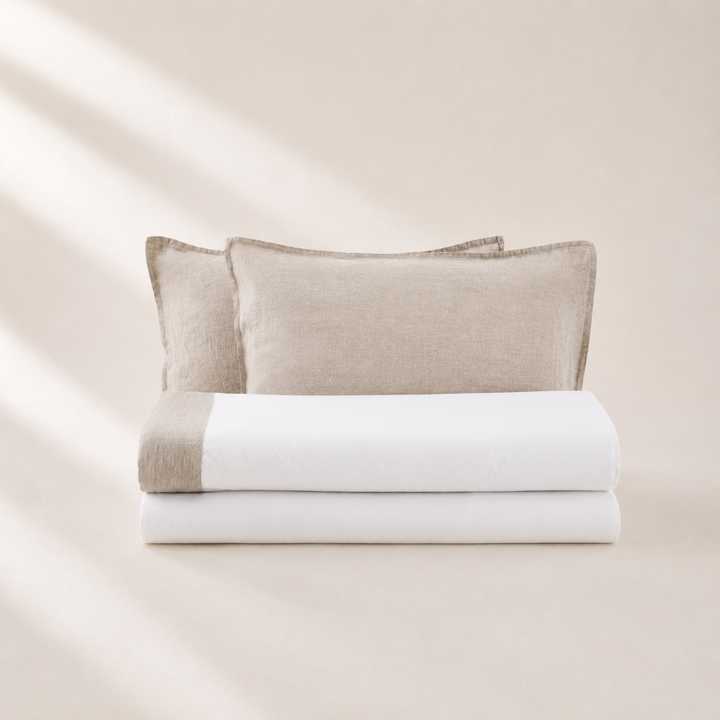 Pure Cotton Sheet Set with Linen Border and Pillowcases CHELSEA