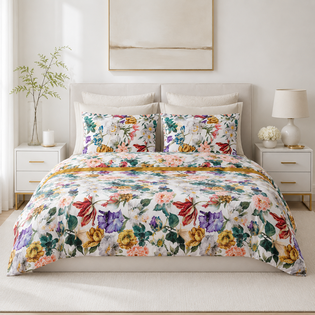 Cotton Sateen Floral Sheet Set with Mustard Accent Trim PEONIA