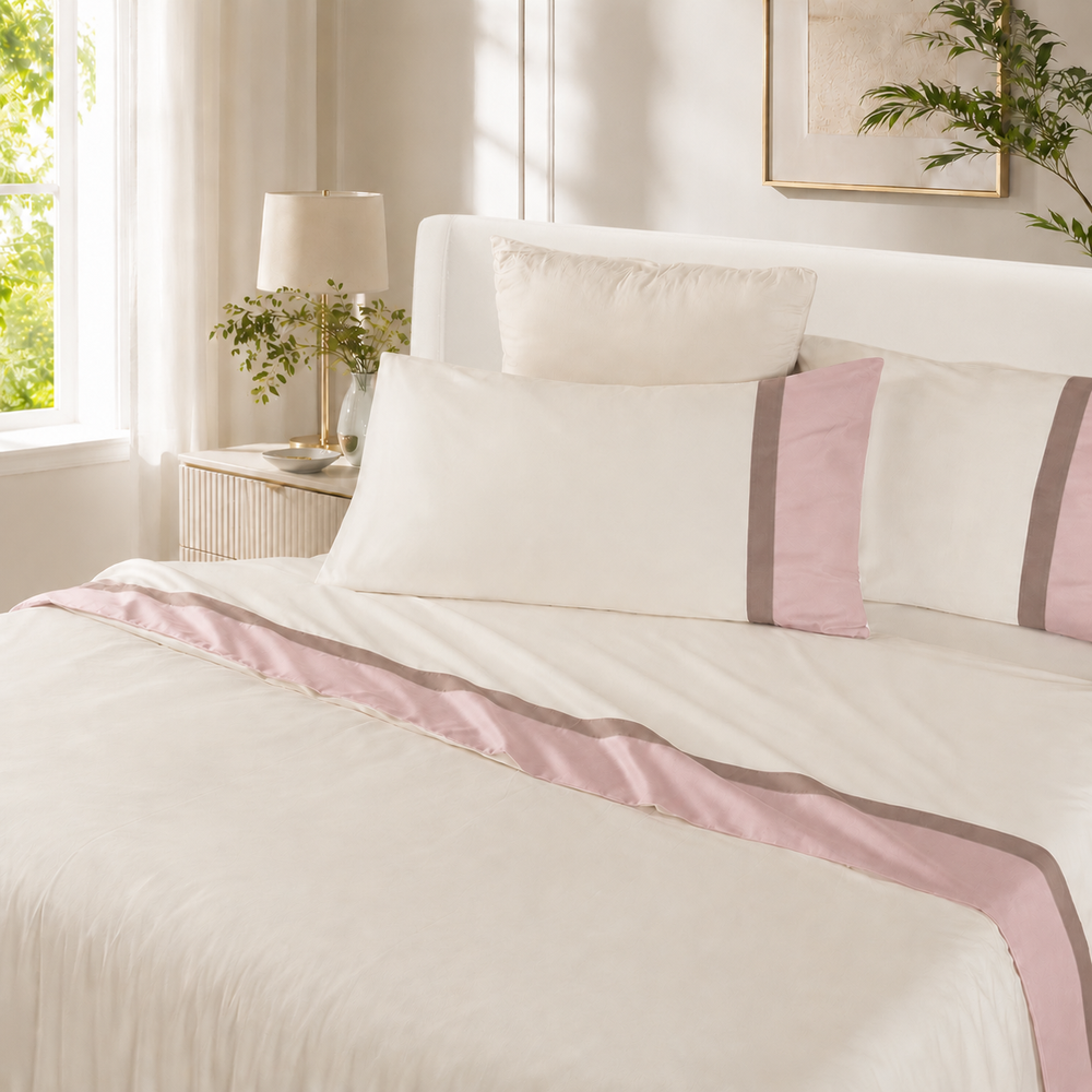 Set completo letto di cotone con doppia balza di raso rosa