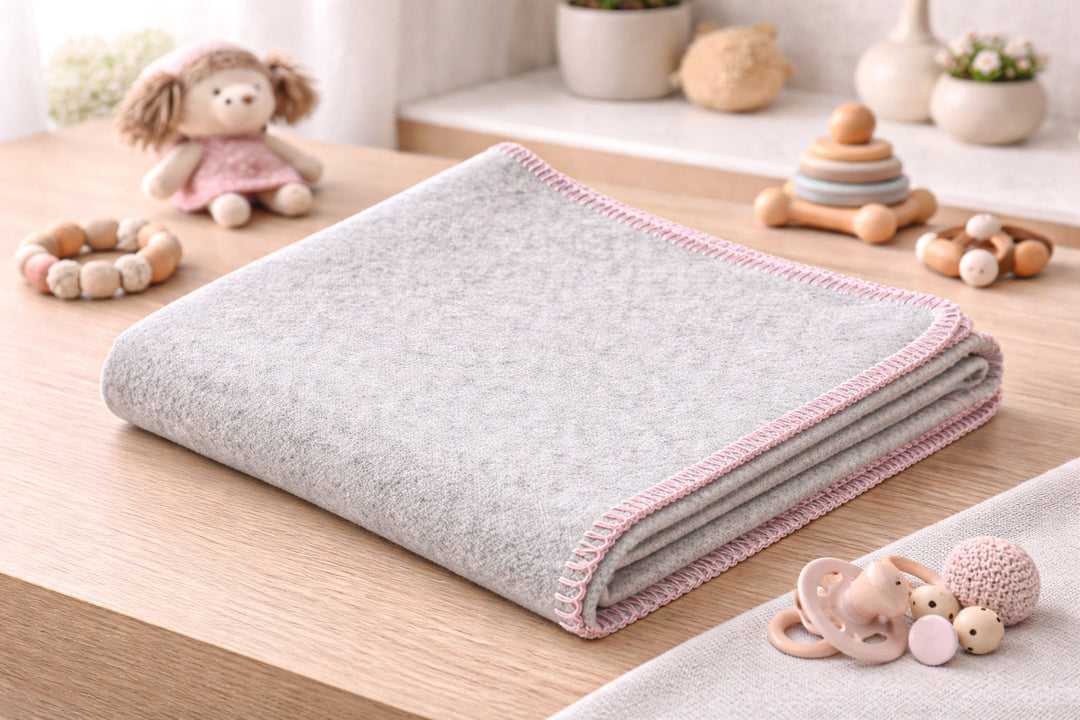 Coperta leggera grigio perla con bordo rosa