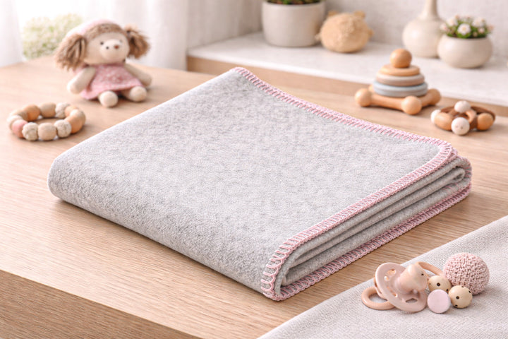 Coperta leggera grigio perla con bordo rosa