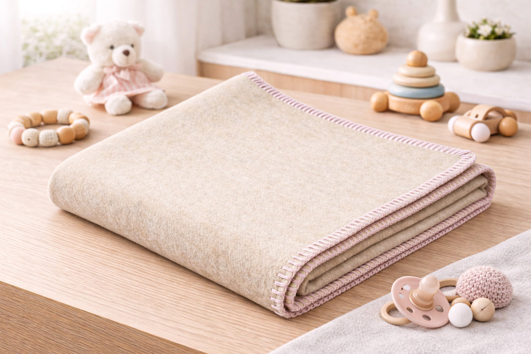 Coperta di lana e cashmere beige con bordo rosa per culla