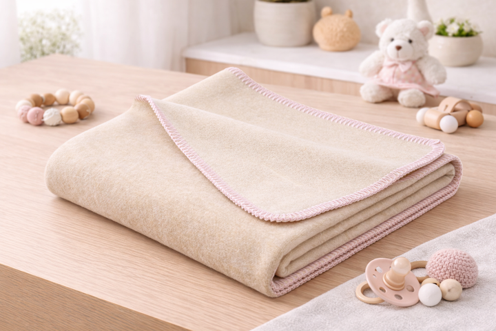 Coperta di cashmere beige e bianco naturale con bordo rosa