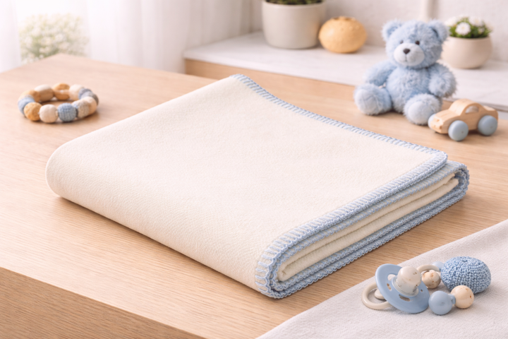 Coperta per culla o lettino bianca con bordo punto cavallo azzurro