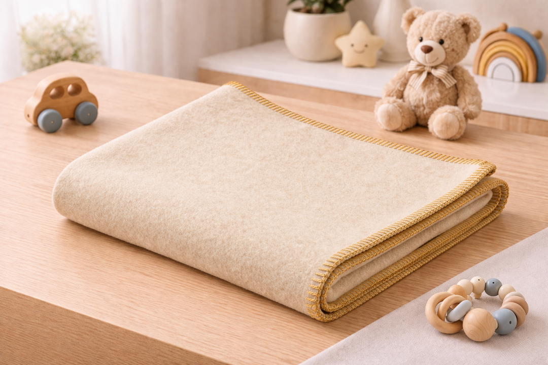 Coperta di cashmere e lana beige con bordo senape
