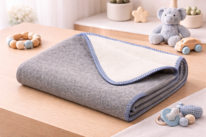 Coperta di lana grigio e bianco naturale con bordo blu