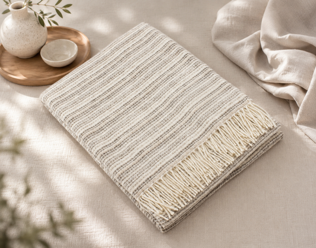 Plaid millerighe beige con frange