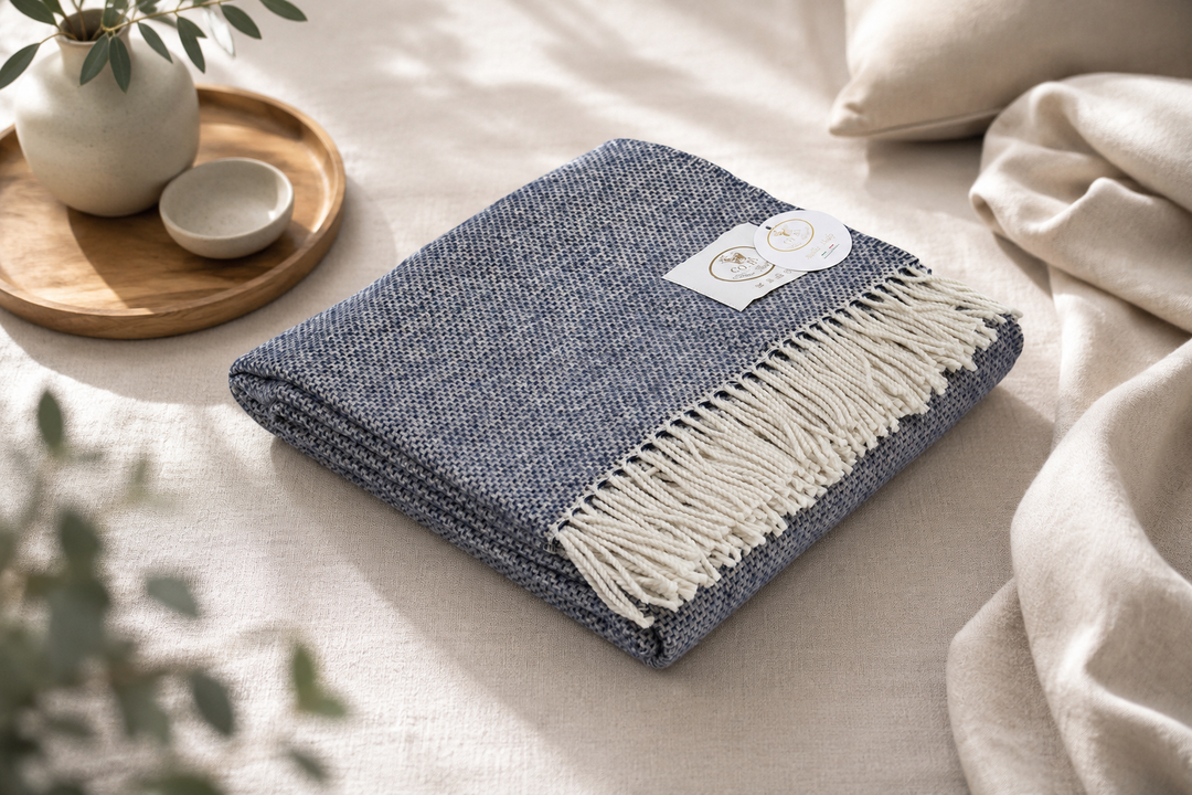 Plaid di lana e cashmere blu melange