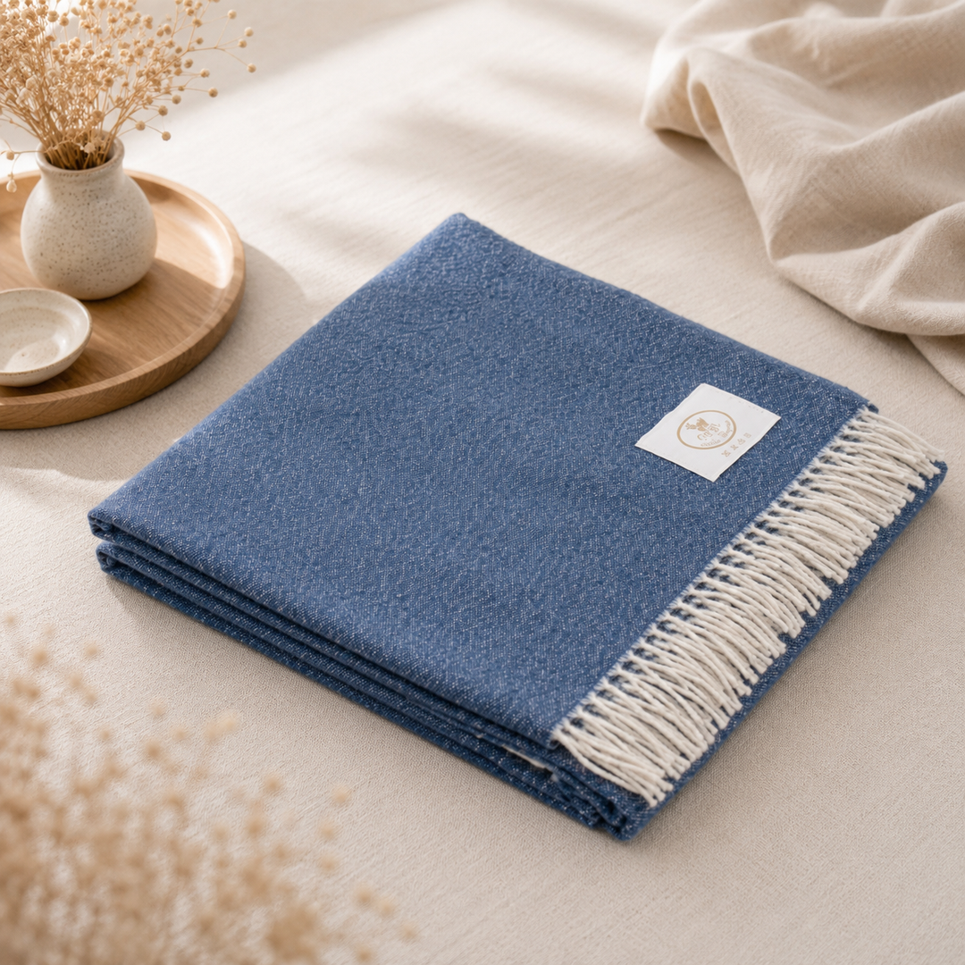 Plaid blu chiaro di lana e cashmere con frange