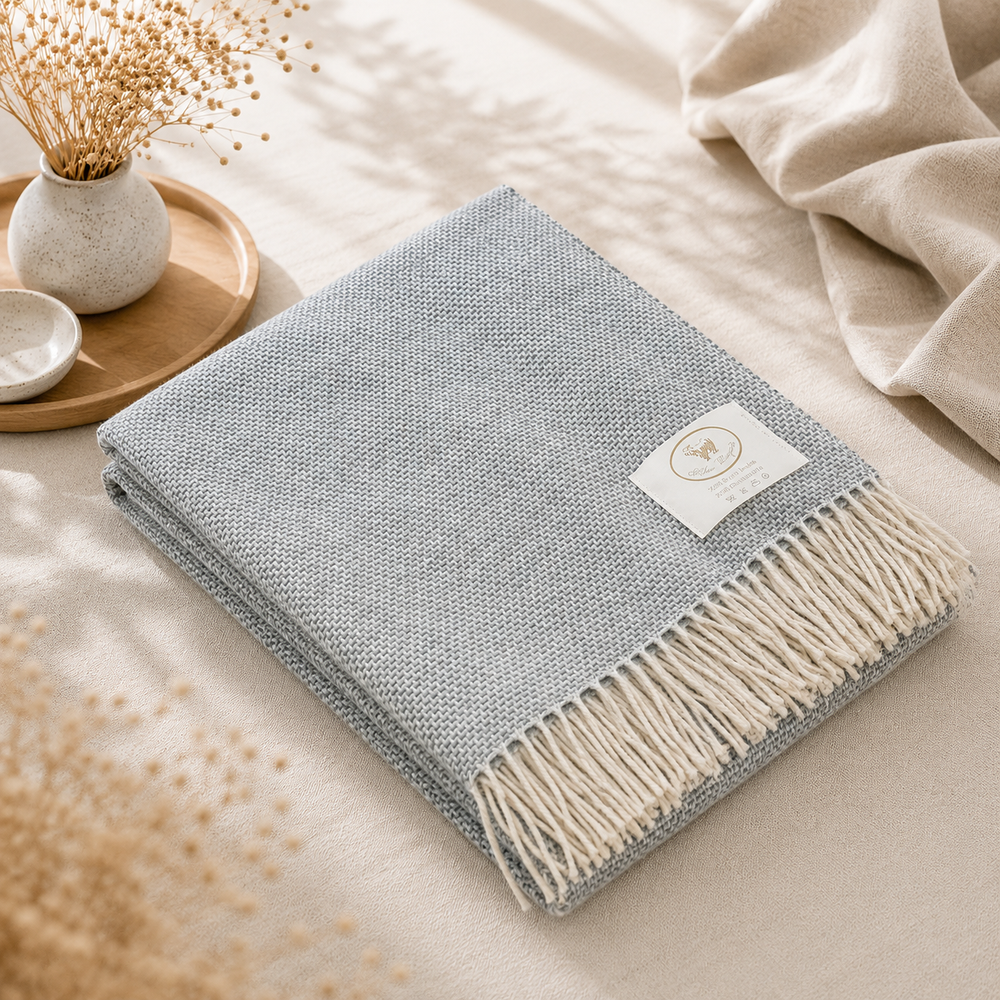 Plaid di lana e cashmere colore azzurro e grigio melange