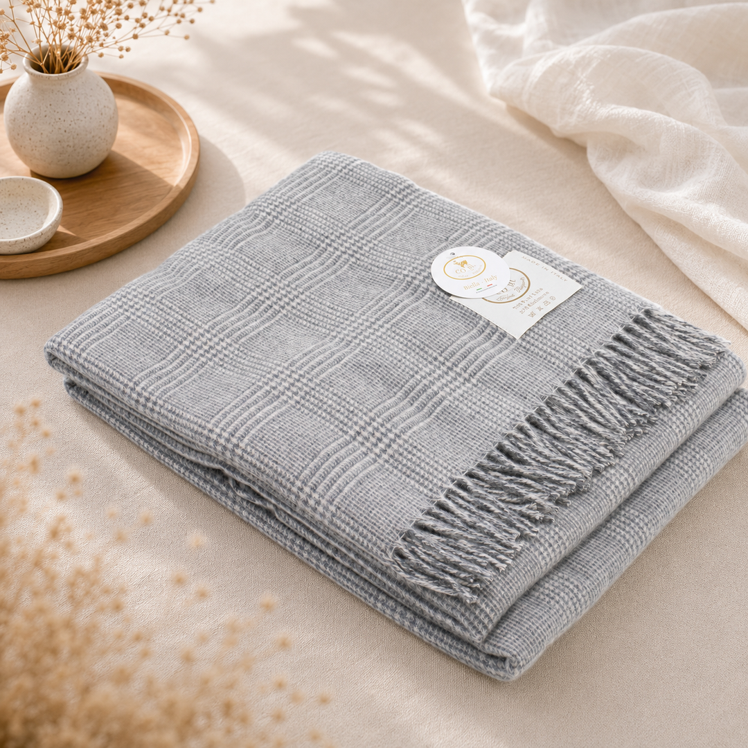 Plaid a principe di galles grigio di lana e cashmere