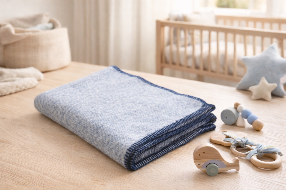 Coperta per culla blu melange con bordo blu di lana e cashmere