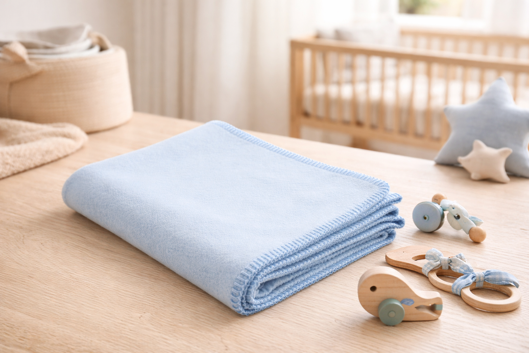 Coperta per culla azzurra con bordo azzurro