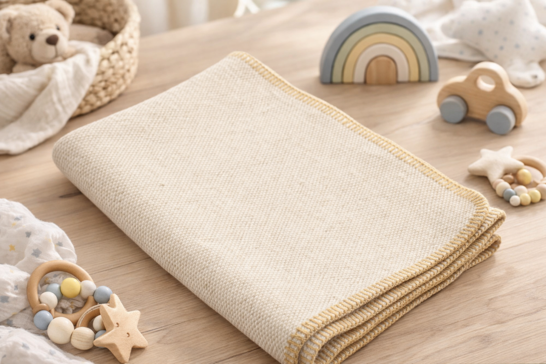 Copertina per culla di lana e cashmere beige con bordo senape