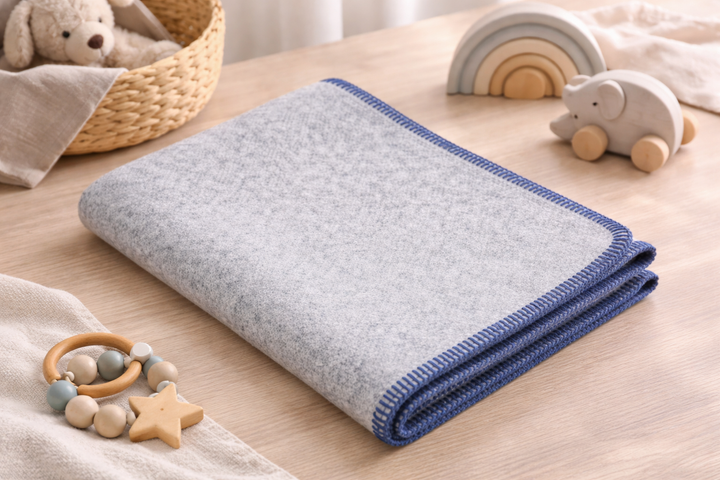 Coperta per culla colore grigio perla con bordo blu
