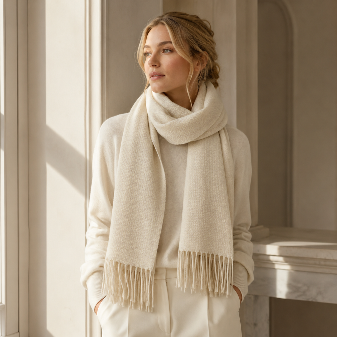 Sciarpa di lana colore bianco con frange
