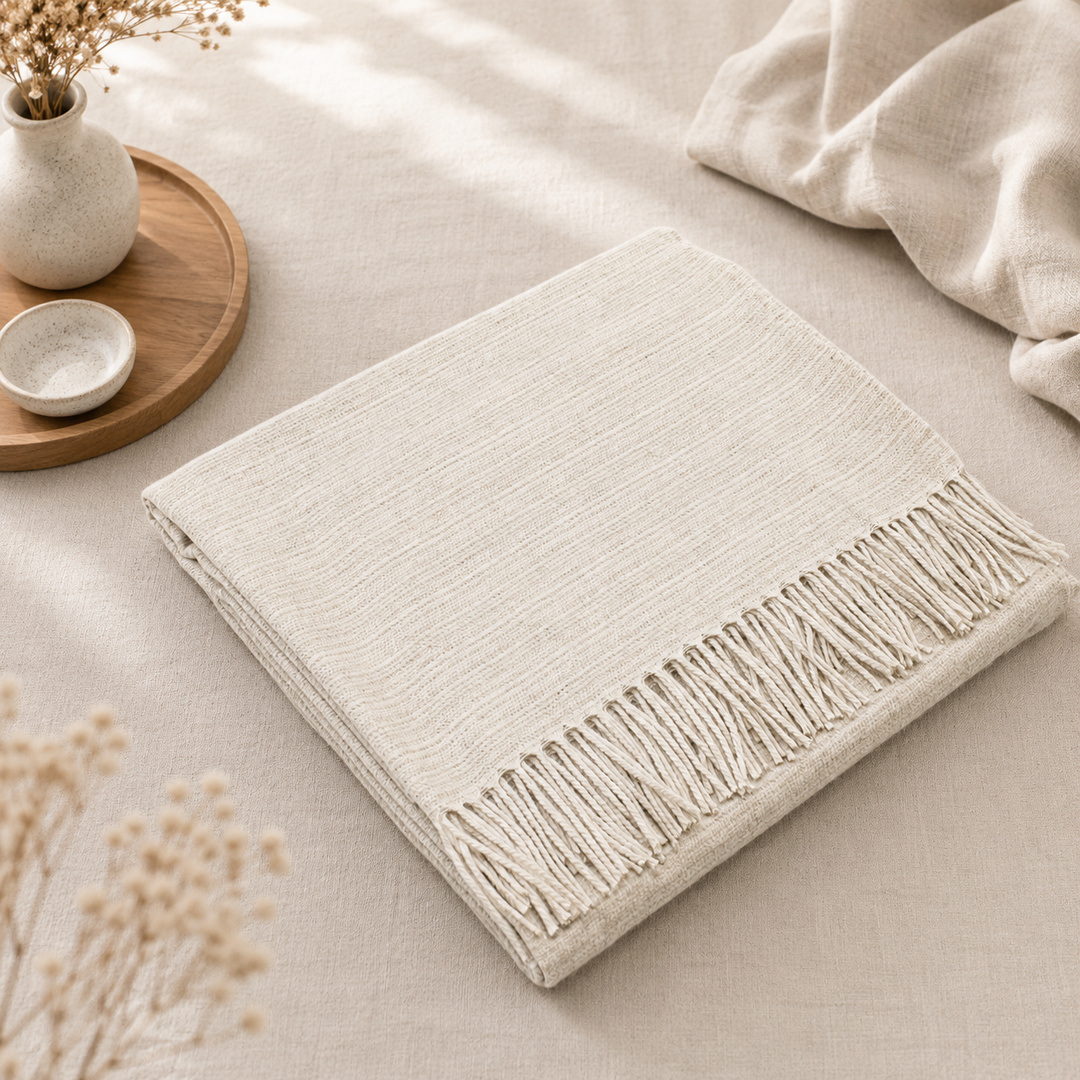 Plaid millerighe colore bianco naturale di cashmere