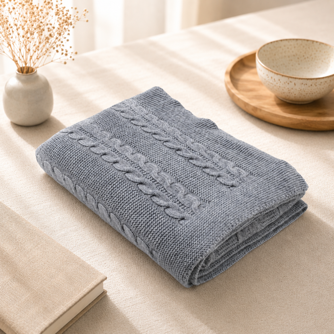 Plaid di cashmere extrafine grigio con lavorazione di maglia a treccia aperta