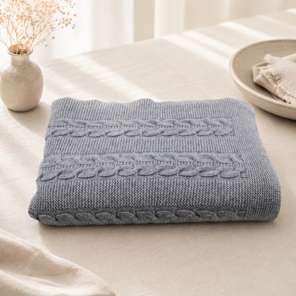 Plaid di cashmere extrafine grigio a treccia doppia