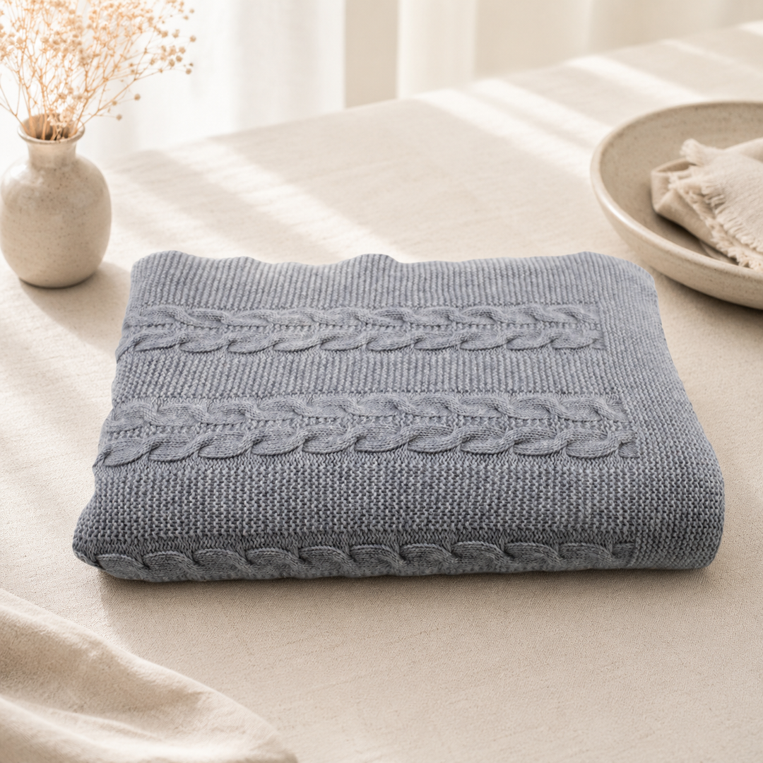 Plaid di cashmere extrafine grigio a treccia doppia
