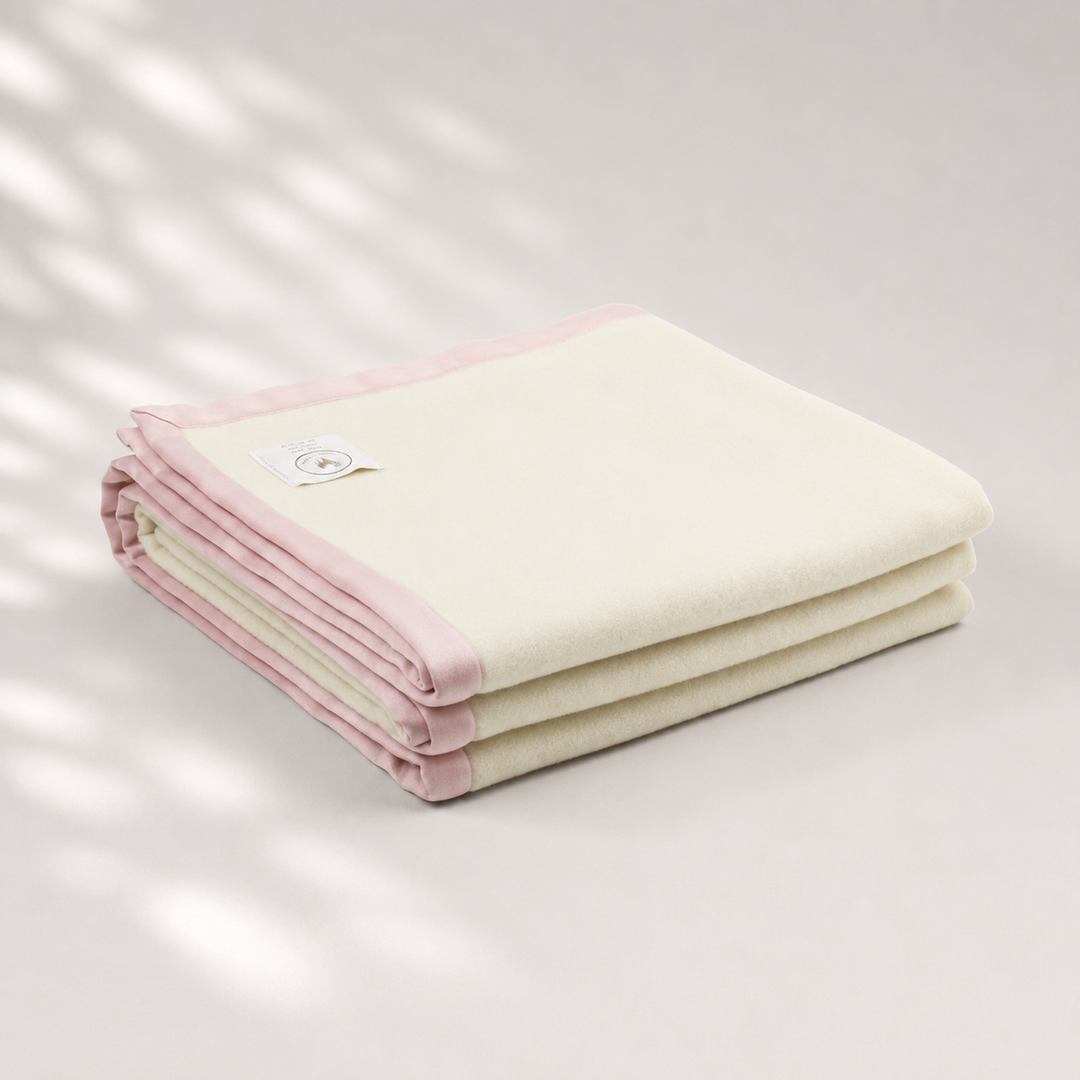 Coperta di lana norvegese pesante bianca con bordo rosa