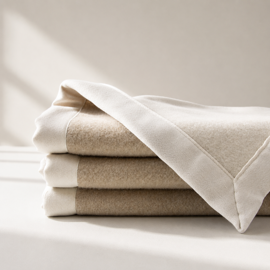 Coperta pesante di lana merino beige e bianco naturale