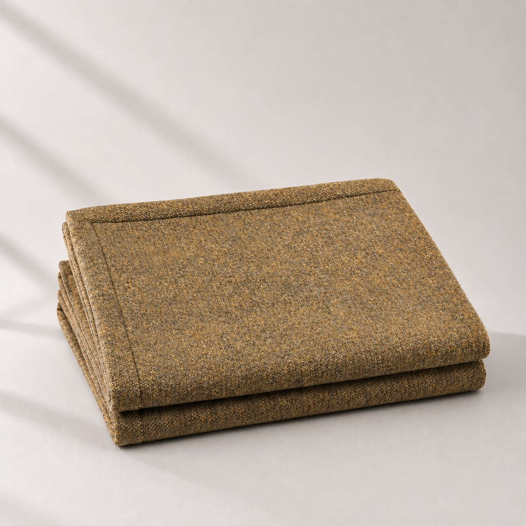 Coperta color gold di lana e cashmere con bordo risvoltato