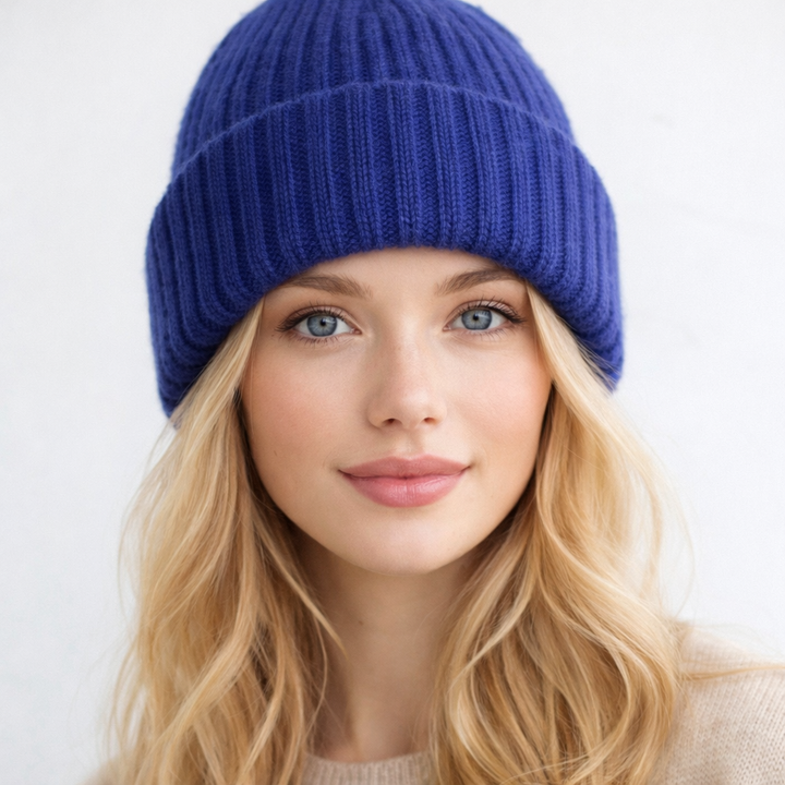 Cuffia di Cashmere a coste larghe indaco