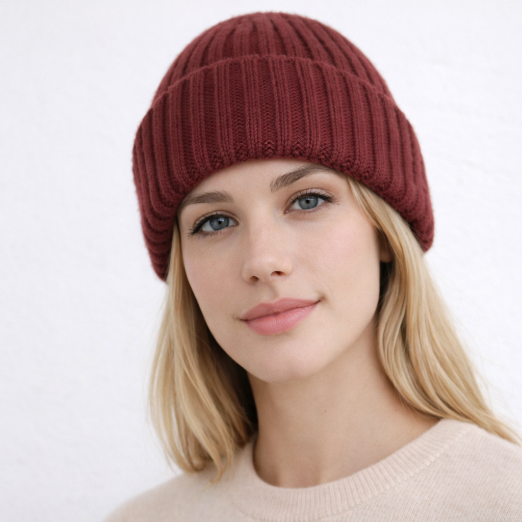 Cuffia di cashmere a coste rosso scuro