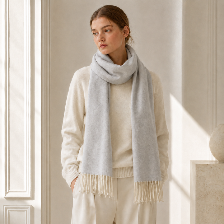 Sciarpa di cashmere e seta grigio perla